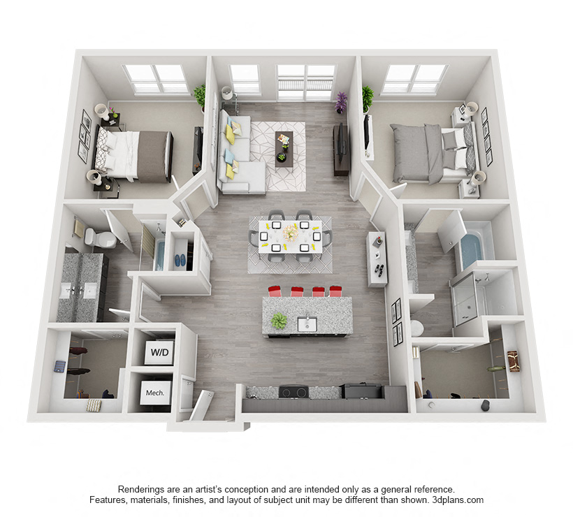 Floor plan for 2 beds, 2 baths, 1220 sqft